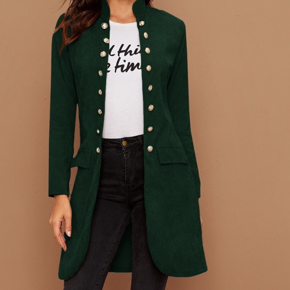 Dark Green Button Detail Open Front Corduroy Jacket Shacket - Picture 16 of 16